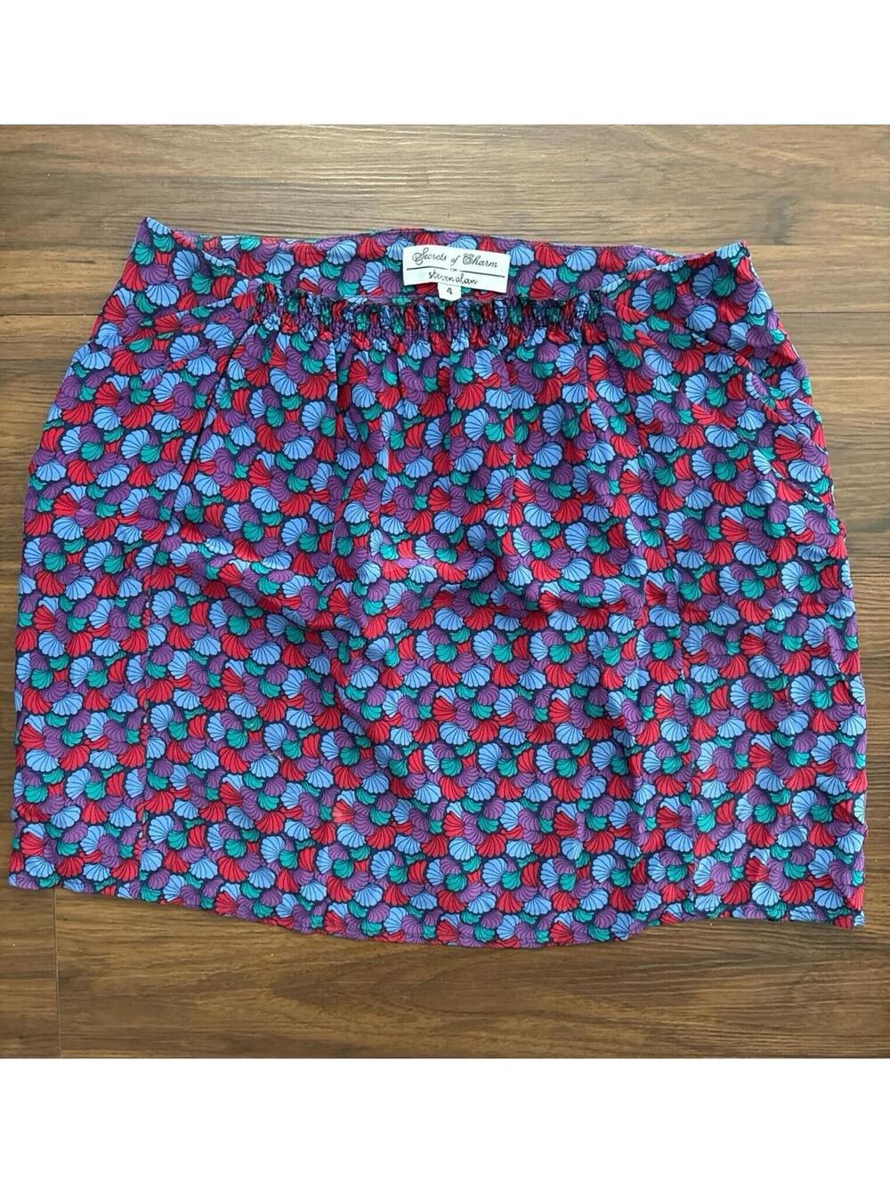 100% Silk Mini Skirt, Secrets of Charm Steven Alan Multicolor Retro Slip On